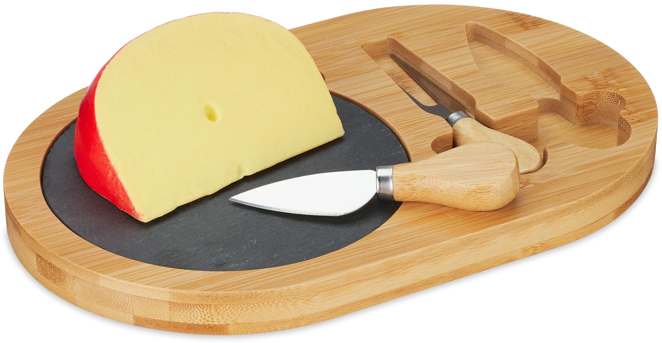 Relaxdays Käsebrett mit Käsemesser Set, Bambus Käseplatte mit Schiefer & Käsebesteck, B x T: 28 x 18 cm, Natur/schwarz