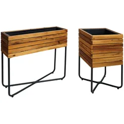 Mendler 2er-Set Pflanzkasten HWC-L25, Blumenkasten, rechteckig quadratisch Outdoor Stahl Akazie Holz MVG-zertifiziert, braun
