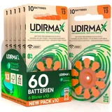 60 Batterien für Hörgeräte Größe 13 Udirmax PR48 Orange Zink-Luft mit Dynamic Sonar Technologie Öko-Pack - 6 umweltfreundliche Blisterpackungen mit 10 Hörgerätebatterien