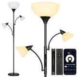 OUTON Stehlampe mit 3 Leselampe, LED Dimmbar Deckenfluter, Stehleuchte mit Fernbedienung, Touch, APP Steuerung, 4 Farbtemperaturen, 1H Timer, Speicherfunktion, 3X9W Glühbirnen, für Büro Schlafzimmer