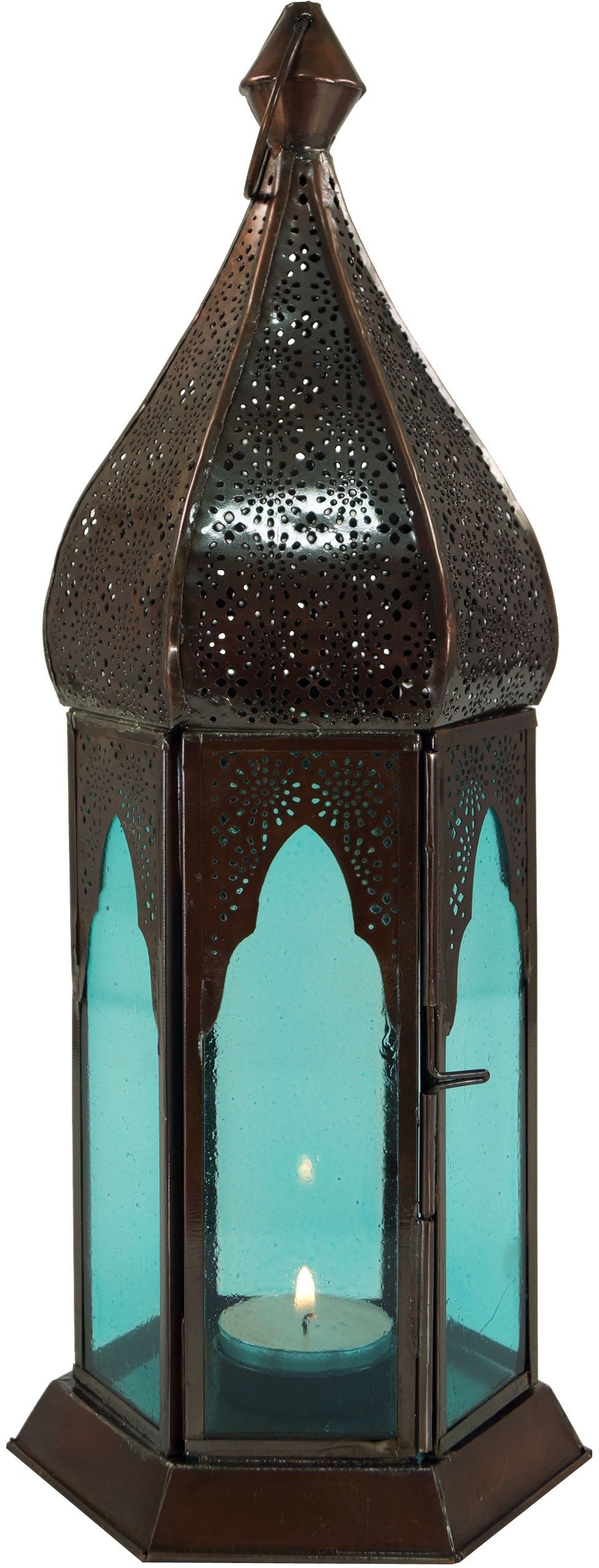 GURU SHOP Orientalische Metall/Glas Laterne in Marrokanischem Design, Windlicht, Türkis, Farbe: Türkis, 33x12x12 cm, Orientalische Laternen