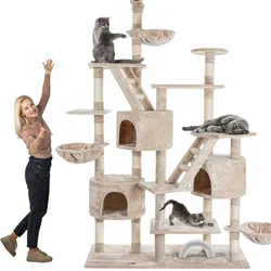 HAPPYPET Kratzbaum deckenhoch 260 cm hoch, Kletterbaum SAM – Großer XXL Katzenbaum Stabil für mehrere Katzen, stabile 8 cm Säulen, Liegemulden, Häuser, mit Zubehör   Beige 260 cm