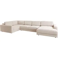 Wohnlandschaft PLACES OF STYLE "Bloomfield, U-Form" Sofas Gr. B/H/T: 405cm x 84cm x 224cm, Struktur, mega-Recamiere rechts, XXL ohne Sitztiefenverstellung, beige mit extra tiefer Sitzfläche, wahlweise Sitztiefenverstellung