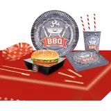 Amscan 9050 0378 - Partyset BBQ, 8 Teller, 8 Becher, 20 Servietten, Tischdecke, 12 Trinkhalme, 8 Teller, 20 Holzspieße, 4 Boxen, 20 Minigabeln