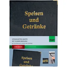 Sigel SM100 Speisekarten-Mappe für A4, Menükarte, Gummi-Bindung, schwarz mit Goldprägung, strapazierfähig und leicht abwischbar