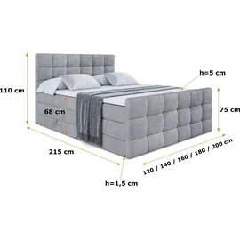 altdecor Boxspringbett BRUGO-Z KING - 160 x 200 - H3/H4 - Hellgrau