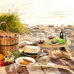 Relaxdays Picknick Weintisch, klappbar, HxD: 22x39cm, Getränkehalter 4 Weingläser & 1 Flasche, Bambus Weintablett, natur