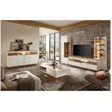 Lomadox Wohnmöbel Set, Weiß Mit Eiche, Fallon-55, Modern, 5-teilig, Inkl. Beleuchtung