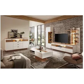 Lomadox Wohnmöbel Set, Weiß Mit Eiche, Fallon-55, Modern, 5-teilig, Inkl. Beleuchtung