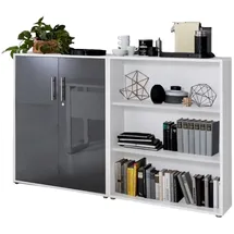 BMG Möbel Schrankwand Office Edition abschliessbarer Aktenschrank Büroschrank Büromöbel Regal in Weiß/Anthrazit Hochglanz (Set 1 Niedrig)