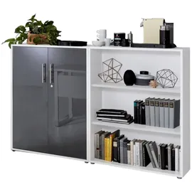 BMG Möbel Schrankwand Office Edition abschliessbarer Aktenschrank Büroschrank Büromöbel Regal in Weiß/Anthrazit Hochglanz (Set 1 Niedrig)