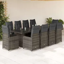 vidaXL 11-tlg. Garten-Bistro-Set mit Kissen Grau Poly Rattan