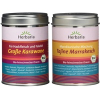 Herbaria "Grosse Karawane" Mischung für Hackfleisch und Falafel, 1er Pack (1 x 90 g Dose) - Bio & "Tajine Marrakesch" Marokkanische Gewürzmischung, 1er Pack (1 x 100 g Dose) - Bio