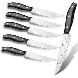 KEENZO Steakmesser 6-teilig Steak Messer mit Wellenschliff Edelstahl Tafelmesser (6 Stück) schwarz