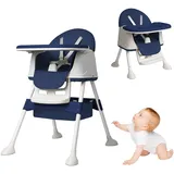 UISEBRT 3-in-1 Kinderhochstuhl, Klappbarer Baby Essstuhl mit Höhenverstellung, Verstellbarem Doppeltablett, Rollen und Abnehmbarem Sitz, Kombihochstuhl für Zuhause und Unterwegs, Blau