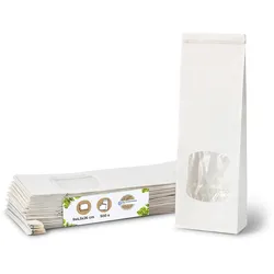 BIOZOYG 500 Stück Kraftpapiertüten 9 x 4,5 x 26 cm, Größe S, weiß, Papiersäckchen, Blockbeutel, mit Fenster, Papier-Geschenktüten mit Clip