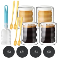 4er Set Doppelwandige Latte Macchiato Gläser, 200ml Kaffeegläser Spiralförmig, Cappuccino Tassen Saftgläser Glas Cup mit Löffeln und Untersetzern, Espresso Gläser Thermo Kaffeegläser Teegläser