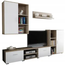 matkam Wohnwand Dedal, Schrankwand Wohnzimmer Modern, Wohnzimmerschrank mit Fernsehtisch Komplett Möbel (Sonoma/Weiß)