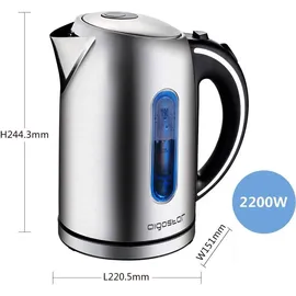 Aigostar King - Wasserkocher Edelstahl 1,7 liter, Elektrischer Wasserkocher mit Kalkfilter, LED Beleuchtung Wasserstandsanzeige, 2200 Watt, Verdecktes Heizelement, Abschaltautomatik, BPA frei
