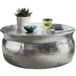 KADIMA DESIGN Couchtisch 75x31x75cm Aluminium Silber Beistelltisch orientalisch rund, Flacher Hammerschlag Sofatisch Metall, Design Wohnzimmertisch modern,