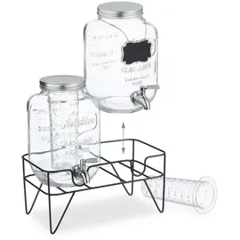Relaxdays Getränkespender mit Ständer, 2 Limobehälter je 4L, Zapfhahn aus Edelstahl, Glas Wasserspender, transparent