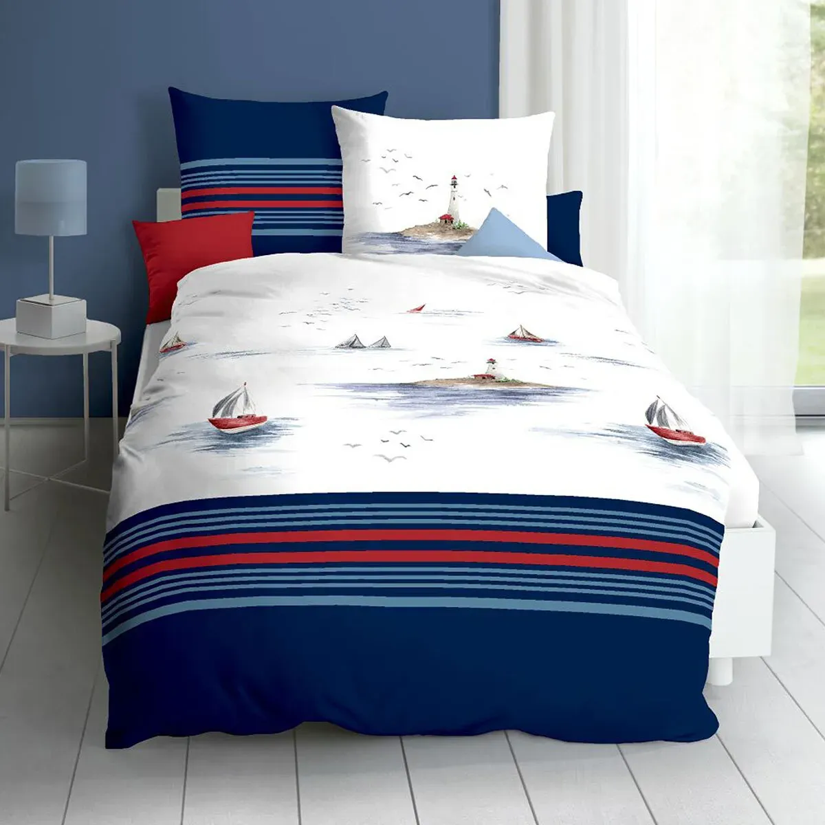 Kaeppel Bettwäsche Segelboot Leuchtturm blau 135x200 cm + 80x80 cm - blau;rot;weiß
