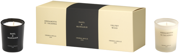 Cereria Molla Kerzen-Set = Bergamotto de Calabria 70 g + Basil & Mandarin 70 g + Velvet Wood 70 g - 3 Artikel im Set