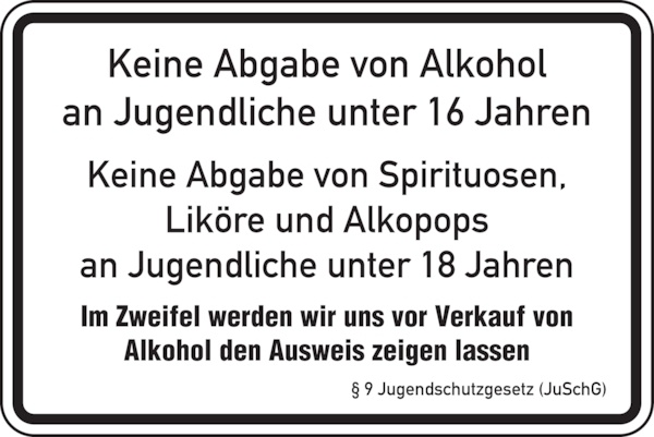 Aushang, Keine Abgabe von Alkohol an Jugendliche - JuSchG - 300x200x0.45 mm Aluminium geprägt