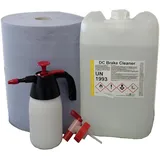 DC DruckChemie GmbH Bremsenreiniger Kanister 10L, acetonfrei + Auslaufhahn, Putzpapierrolle & Drucksprüher - Brake Cleaner - Teilereiniger zum Reinigen & Entfetten von Bremsen, Platten & Kupplungen
