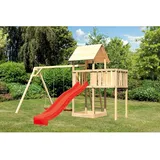 Karibu Spielturm Lotti mit Doppelschaukel, Anbauplattform & Rutsche Rot
