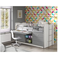 Lomadox Hochbett 90x200cm, mit ausziehbarem Schreibtisch und Stauram, weiß/grau weiß