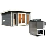 Woodfeeling Karibu Saunahaus Mainburg 2 mit Vorraum - 38 mmterragrau Set C (Sauna B 1,34 x T 1,34 m mit 2 Liegen 57/52 cm) 9 kW Bio-Kombiofen inkl. Steuergerät inkl. 8-teiligem gratis Zubehörpaket (Gesamtwert 191,92€)