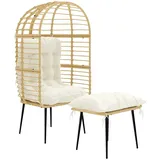 Gartensessel mit Hocker PE Rattan Ei-Form Korbsessel mit langen & dicken Kissen Metallrahmen Beige