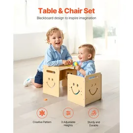 Vevor Montessori Tisch Stuhlset Kleinkindertischset (mit Tafel) aus Holz für 1–5-Jährige, höhenverstellbarer Kinderstuhl Aktivitätstisch Spieltisch, ideal zum Lesen Essen Spielen – Natur
