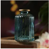 MARELIDA Mini Glas Vase mit Rillen für Blumen Glasflasche mit Goldrand blau