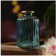 MARELIDA Mini Glas Vase mit Rillen für Blumen Glasflasche mit Goldrand blau