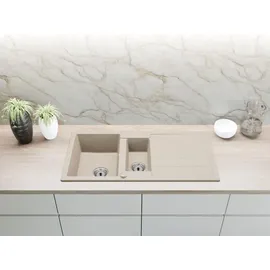faizee home Granitspüle 2 Becken rechts Einbauspüle beige Handbetätigung 1000 x 500 mm