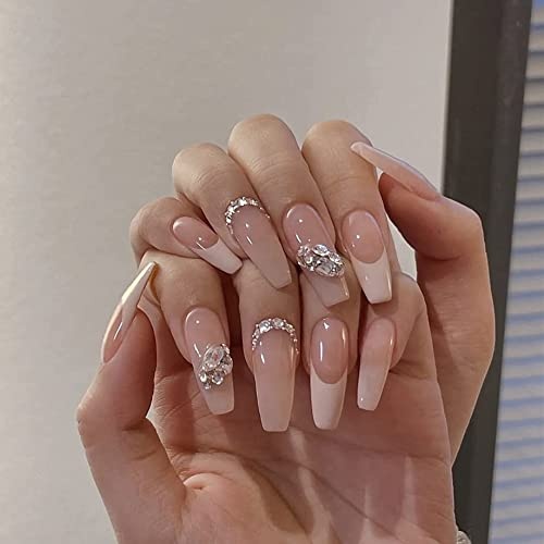 fdsmall 24PCS Lange Press on Nails French White Ballerina Flash Diamond Crystal Fake Nails Full Cover Bling Acrylic False Rhinestone Nails für Frauen und Mädchen (12) (14)