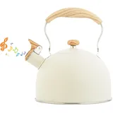 LOMUG Flötenkessel Wasserkessel, 2,5L Edelstahl Pfeifkessel mit Holzgriff Wasserkessel Camping Retro Design Whistling Teekessel Induktion Pfeifender Kessel für Küche Outdoor Gasherd Kaminofen Holzofen