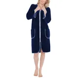 Aquarti Damen Velours Bademantel Morgenmantel Kurz mit Reißverschluss, Farbe: Dunkelblau, Größe: L - L