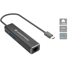 Conceptronic ABBY14B 2,5G Ethernet USB 3.2 Gen 1 Adapter mit USB-Hub, 2,5GbE, USB-A x 2, USB-C x 2