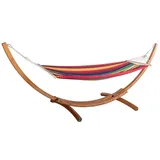 OUTLIV. Hängematte mit Gestell, aus Eukalyptus, Gartenmöbel, buntes Mischgewebe, robust und witterungsbeständig, inkl. Metallkette, 316x120x120 cm, bis 100 kg
