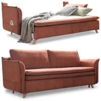 MIUFORM Dauerschlafsofa, Schlafcouch 140x200 mit Bettkasten - Schlafsofa mit Matratze, Sofa Schlafsofa 200cm Breit, Sofabett, Couch 3 Sitzer Sofa mit Bettfunktion, Schlafcouch mit Bettkasten Ziegelrot