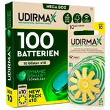 100 Batterien für Hörgeräte Größe 10 PR70 Udirmax Gelb mit Dynamic Sonar Technologie Zink-Luft Öko-Pack - 10 umweltfreundliche Blisterpackungen mit 10 Hörgerätebatterien