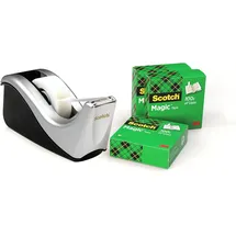 Scotch Klebebandabroller + 4 Rollen Scotch Magic Klebeband 19mm x 33m - Nachfüllbarer Klebebandabroller für Schule, Zuhause und Büro - Silber/Schwarz