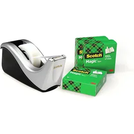 Scotch Klebebandabroller + 4 Rollen Scotch Magic Klebeband 19mm x 33m - Nachfüllbarer Klebebandabroller für Schule, Zuhause und Büro - Silber/Schwarz