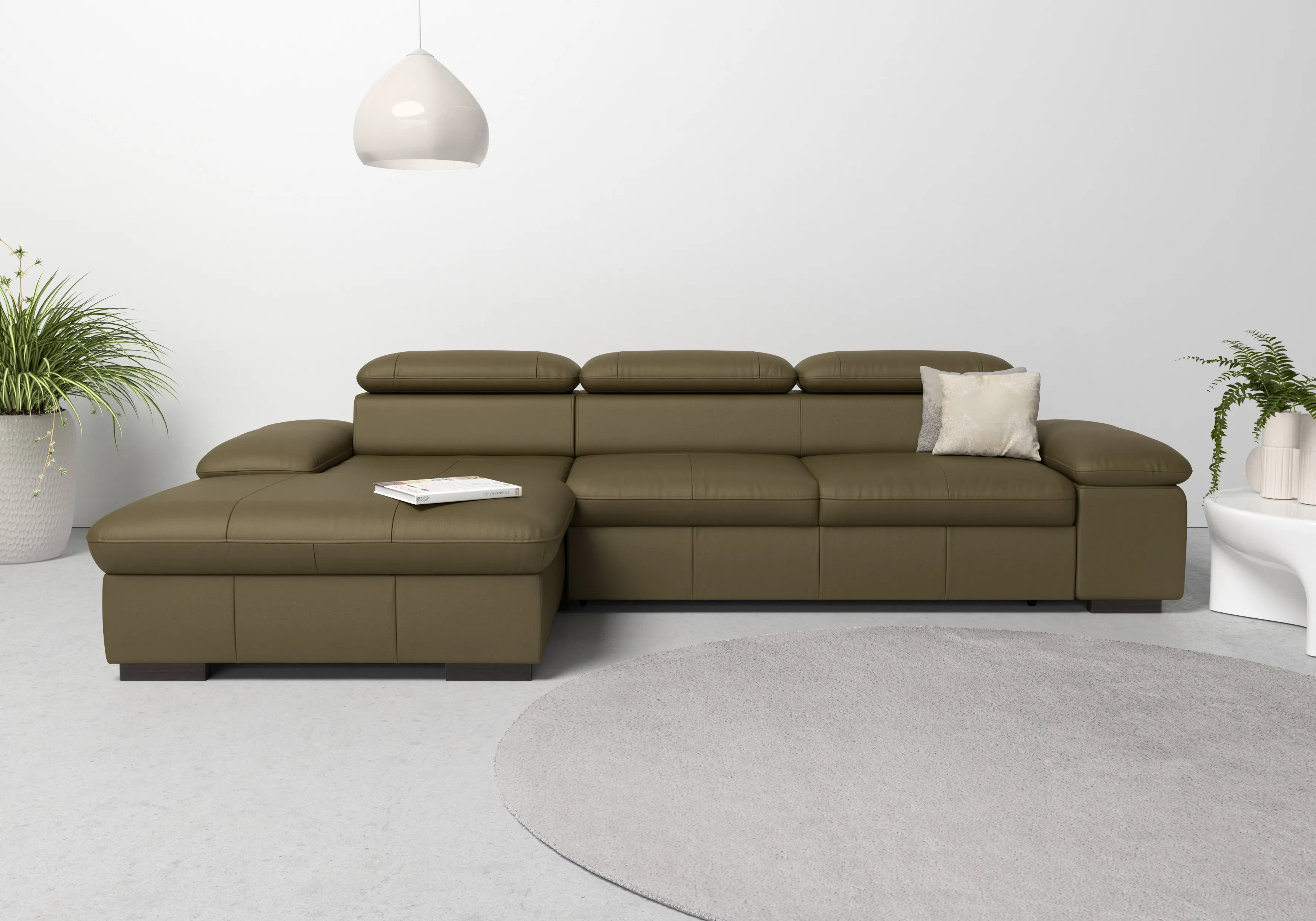 Ecksofa HOME AFFAIRE "Alberto L-Form", grün (olive), B:286cm H:73cm T:174cm, Luxus-Microfaser Lederoptik (100% Polyester), Luxus-Microfaser ALTARA NUBUCK (100% Polyester), Luxus-Microfaser weich (90% Polyester, 10% Polyamid), Microfaser Antiklederoptik, Sofas, mit Kopfteilverstellung, wahlweise mit Bettfunktion