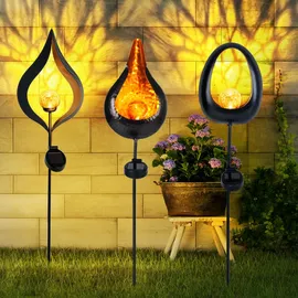 ETC Shop Solarleuchte Flamme Metall Glas H 93 cm 3er Set gelb