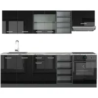 Vicco Küchenzeile Schwarz Hochglanz/Anthrazit 240 cm, AP Marmor