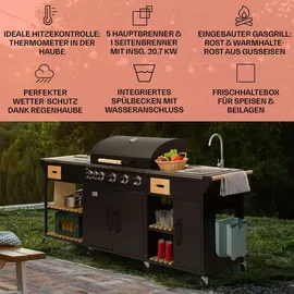 Klarstein Gasgrill für Camping Balkon Garten, Grill mit 6 Brenner, 20400W Edelstahl-Gasgrill, Outdoor mit Seitenbrenner, Gas Grill Kombig...